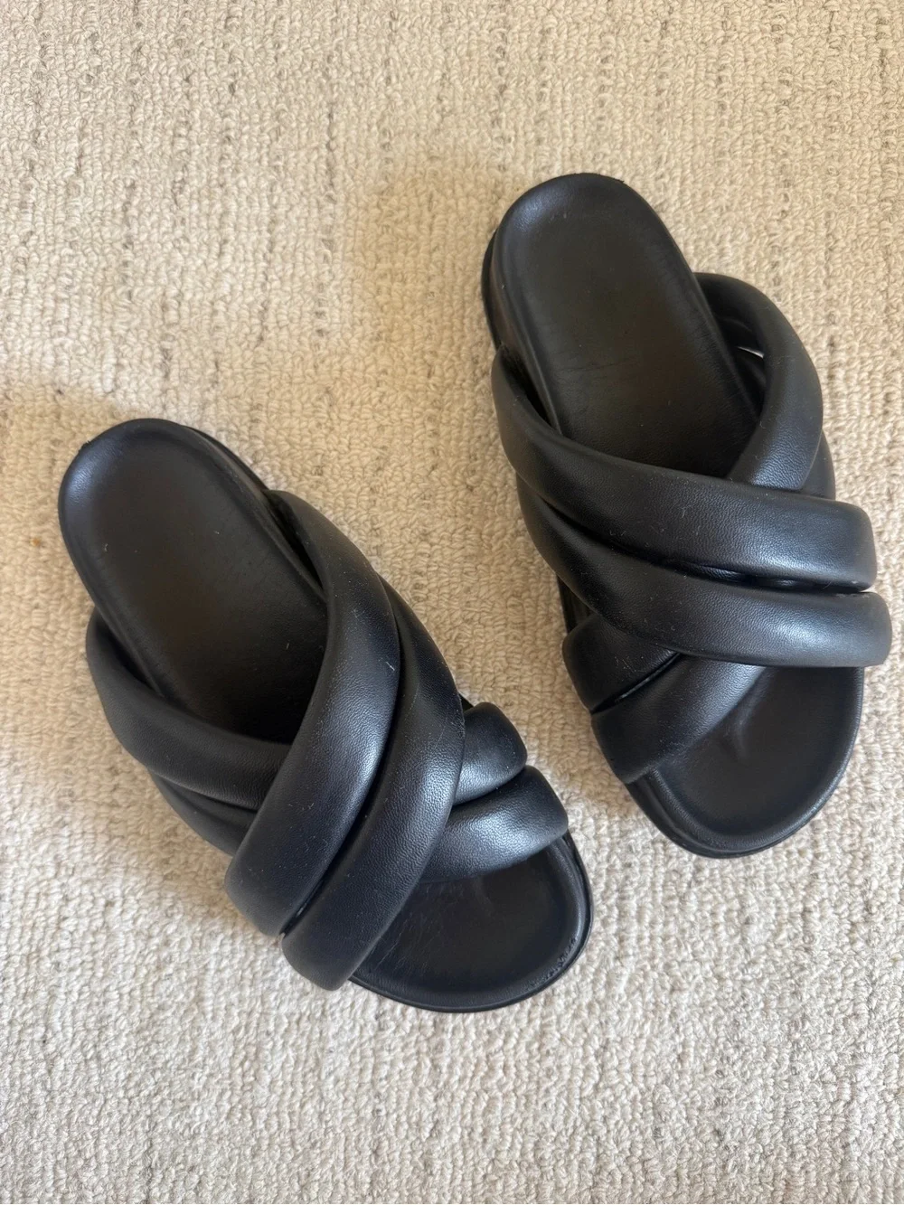 Anine Bing Black Padded Cross-Strap Leather Slide Sandals